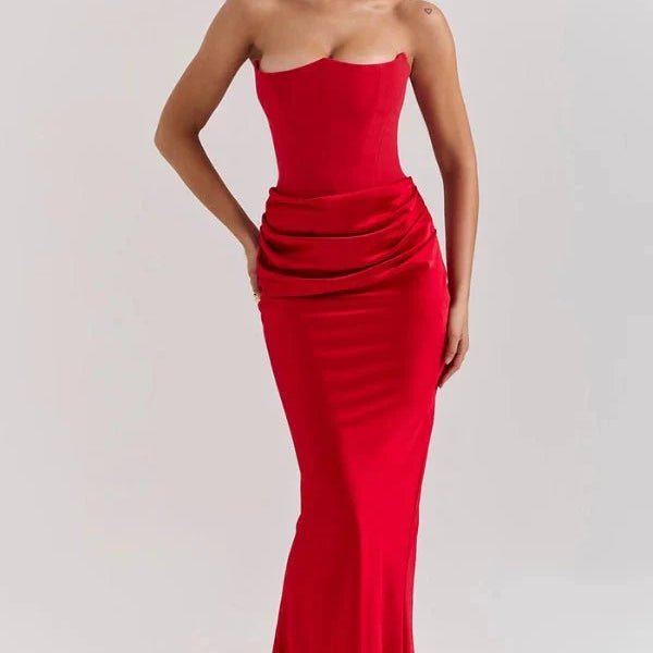 Satine | Robe de Soirée Longue en Satin à Corset Bustier Sans Bretelles pour Bal, Mariage et Black-Tie