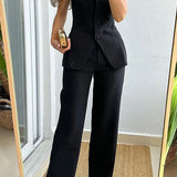 Dualève | Ensemble Deux Pièces Femme Top Bustier Boutonné et Pantalon Large Taille Haute pour Été