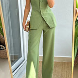 Dualève | Ensemble Deux Pièces Femme Top Bustier Boutonné et Pantalon Large Taille Haute pour Été