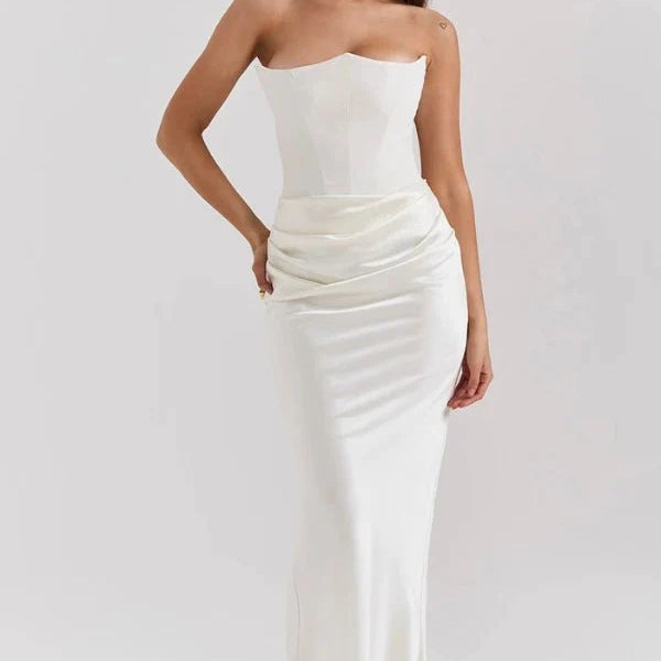Satine | Robe de Soirée Longue en Satin à Corset Bustier Sans Bretelles pour Bal, Mariage et Black-Tie