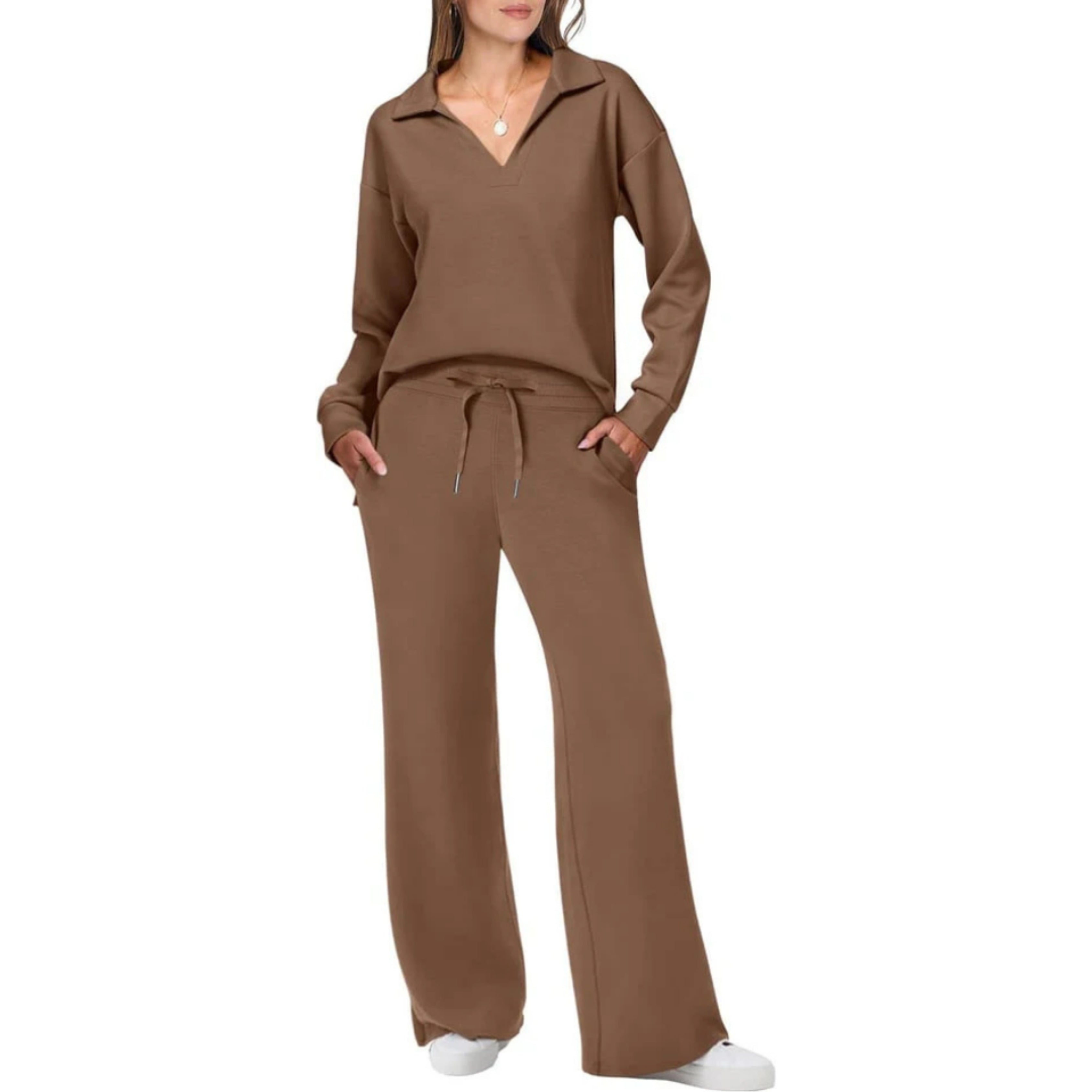 Doucève | Ensemble Loungewear Femme Haut Col V et Pantalon Taille Élastique, Confortable et Chic
