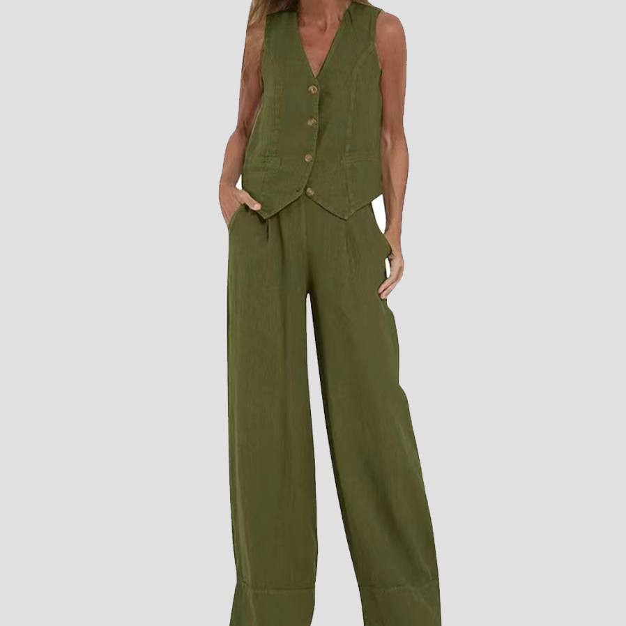 Olivève | Ensemble Lin Sans Manches Femme Gilet Col V et Pantalon Ample, Disponible en 9 Coloris