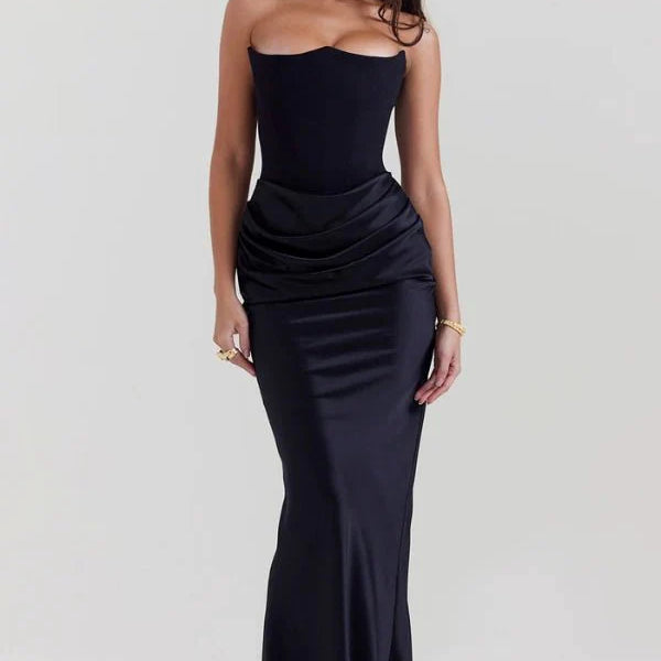 Satine | Robe de Soirée Longue en Satin à Corset Bustier Sans Bretelles pour Bal, Mariage et Black-Tie