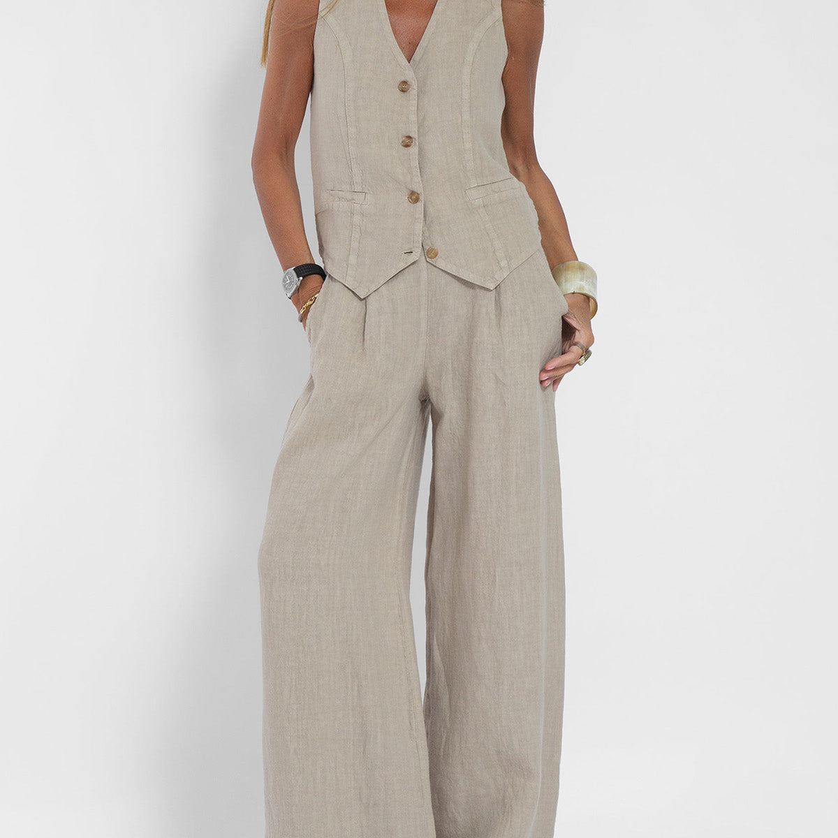 Olivève | Ensemble Lin Sans Manches Femme Gilet Col V et Pantalon Ample, Disponible en 9 Coloris