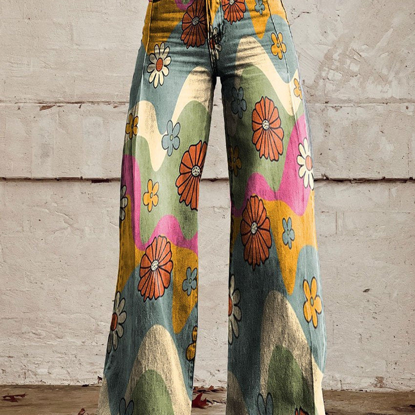 Florène | Pantalon Long Femme Ample et Respirant, Motifs Fleuris et Léopard pour Été et Quotidien