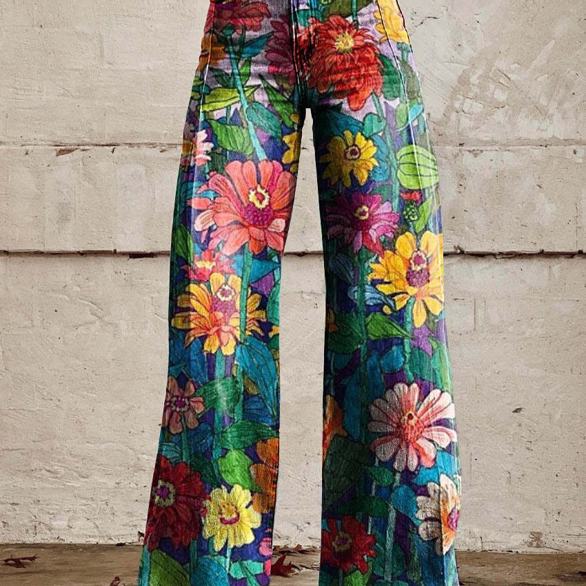 Florène | Pantalon Long Femme Ample et Respirant, Motifs Fleuris et Léopard pour Été et Quotidien
