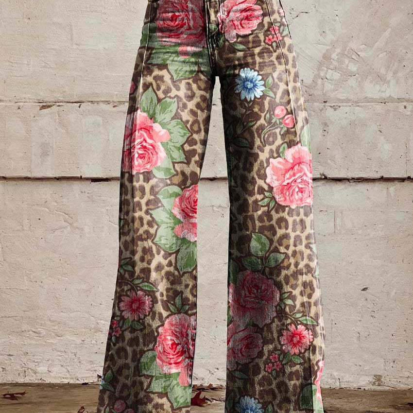 Florène | Pantalon Long Femme Ample et Respirant, Motifs Fleuris et Léopard pour Été et Quotidien