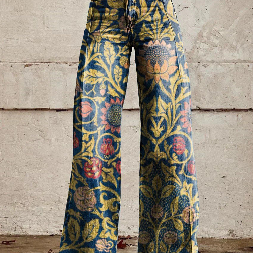 Florène | Pantalon Long Femme Ample et Respirant, Motifs Fleuris et Léopard pour Été et Quotidien