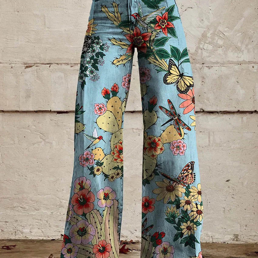 Florène | Pantalon Long Femme Ample et Respirant, Motifs Fleuris et Léopard pour Été et Quotidien