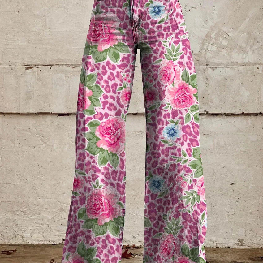 Florène | Pantalon Long Femme Ample et Respirant, Motifs Fleuris et Léopard pour Été et Quotidien