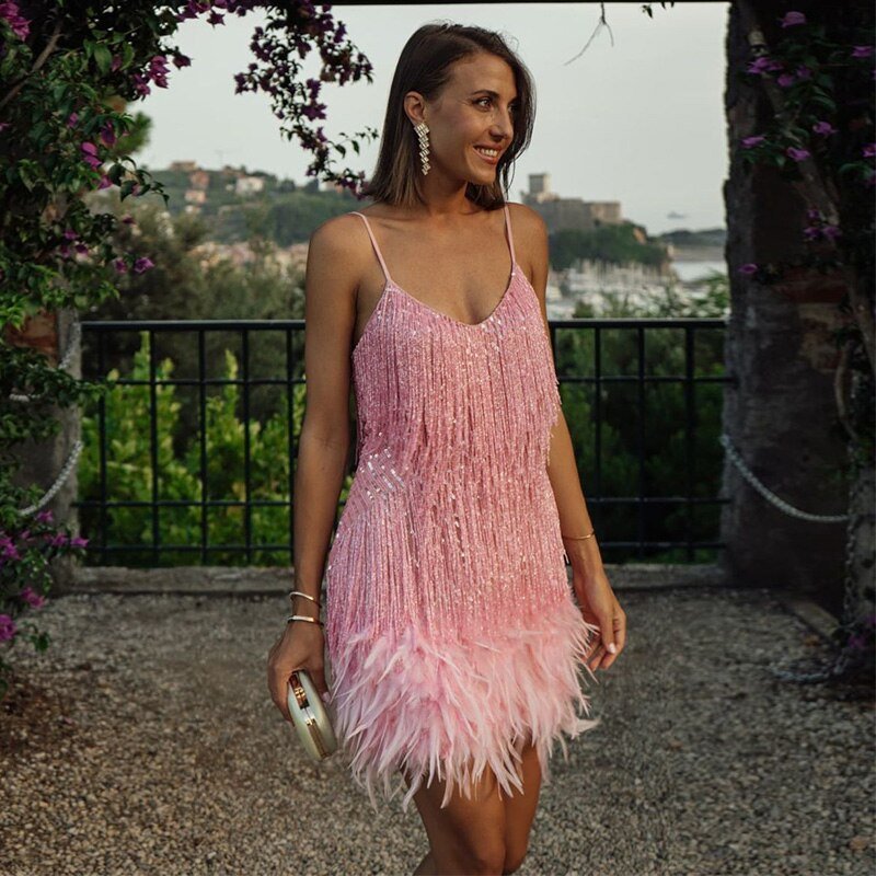 Plumève | Robe Mini à Paillettes et Plumes pour Femme, Sans Manches, Légère et Glamour pour Soirée