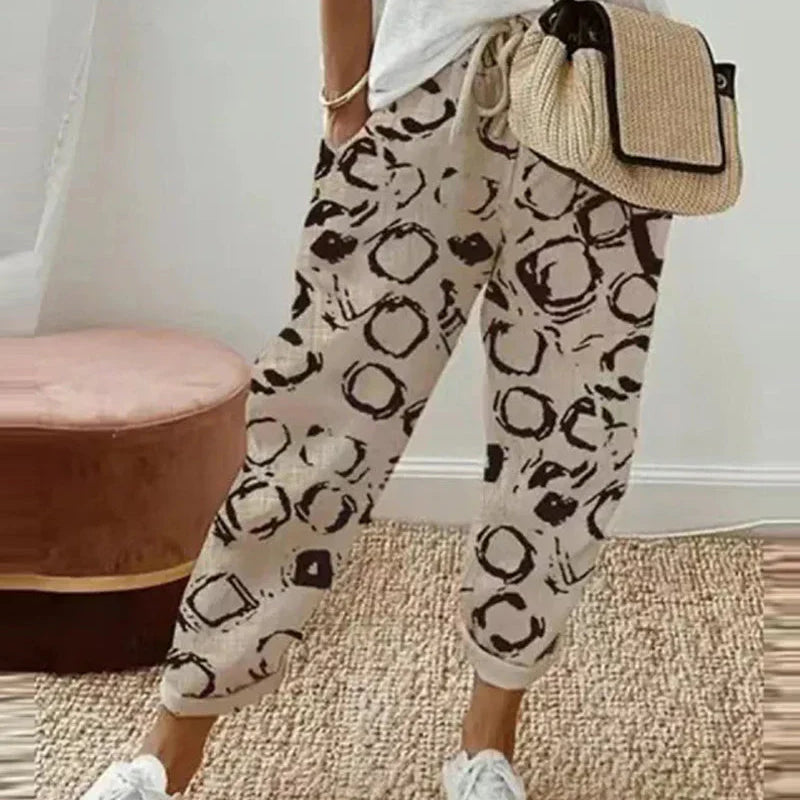 Lénève | Pantalon en Lin Femme Ceinture Élastique, Disponible en Rayures, Gris, Blanc et Marron