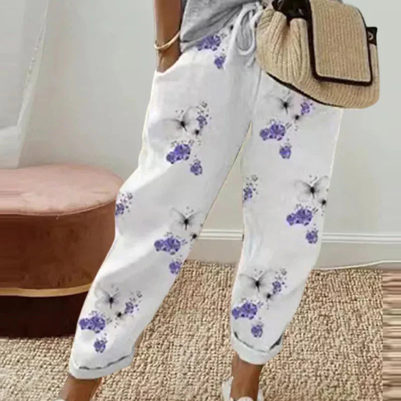 Lénève | Pantalon en Lin Femme Ceinture Élastique, Disponible en Rayures, Gris, Blanc et Marron