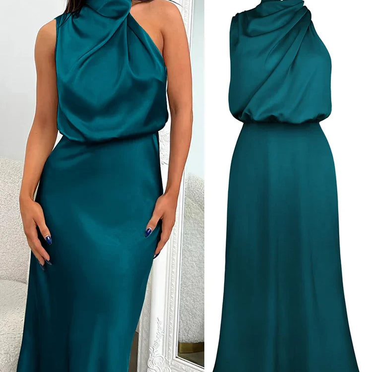 Satène | Robe Midi en Satin à Décolleté Asymétrique, Coupe Ajustée et Élégante pour Femme