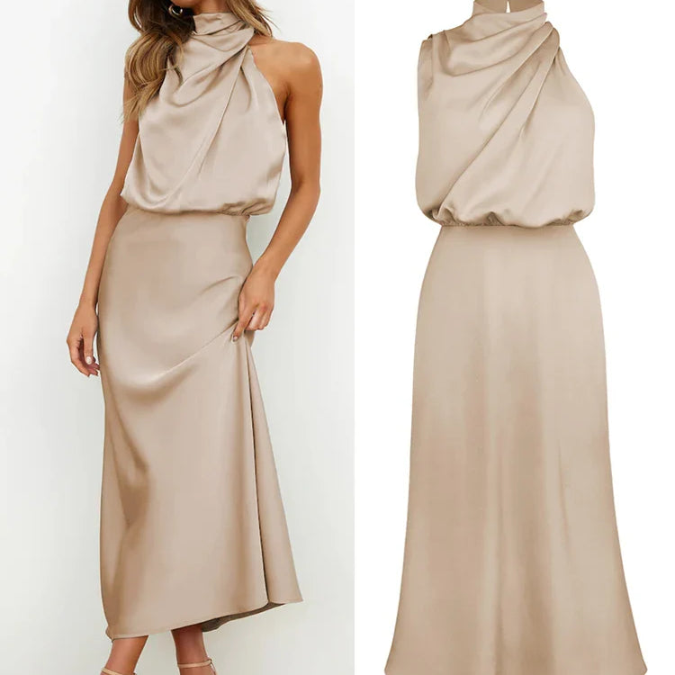 Satène | Robe Midi en Satin à Décolleté Asymétrique, Coupe Ajustée et Élégante pour Femme