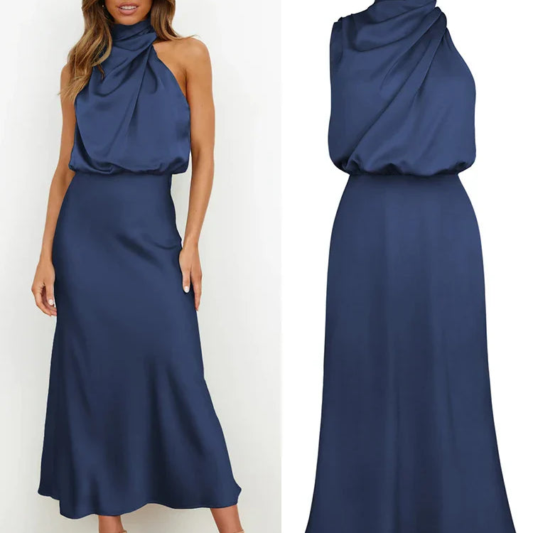 Satène | Robe Midi en Satin à Décolleté Asymétrique, Coupe Ajustée et Élégante pour Femme