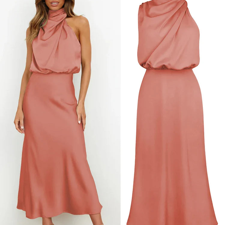 Satène | Robe Midi en Satin à Décolleté Asymétrique, Coupe Ajustée et Élégante pour Femme
