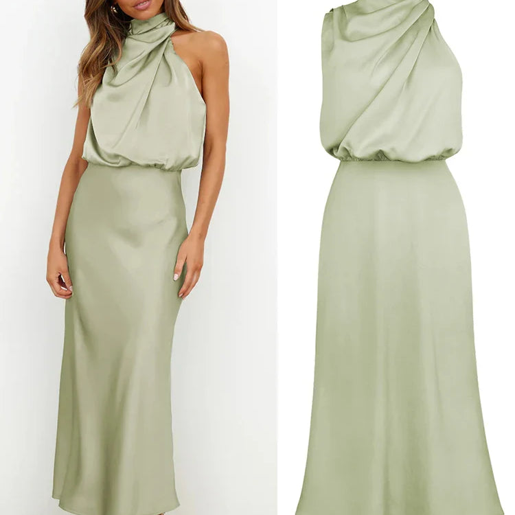 Satène | Robe Midi en Satin à Décolleté Asymétrique, Coupe Ajustée et Élégante pour Femme