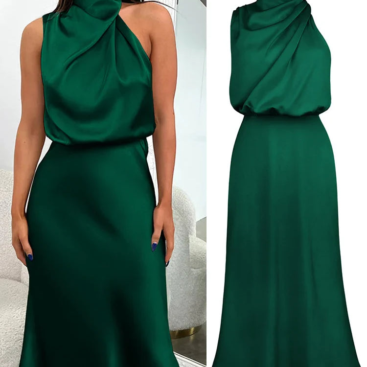 Satène | Robe Midi en Satin à Décolleté Asymétrique, Coupe Ajustée et Élégante pour Femme