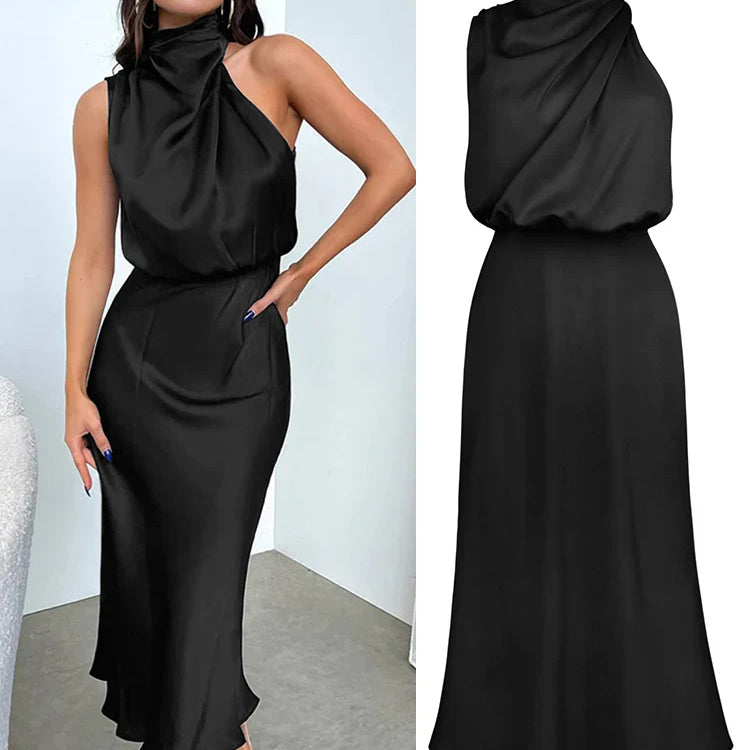 Satène | Robe Midi en Satin à Décolleté Asymétrique, Coupe Ajustée et Élégante pour Femme