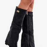 Valdève | Bottes Hautes Femme à Talon Bloc 8,5 cm en Cuir et Suède avec Détail Rabat Élégant