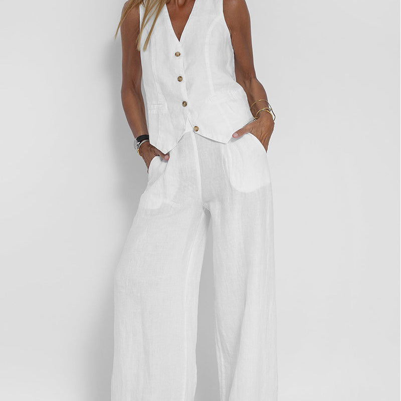 Olivève | Ensemble Lin Sans Manches Femme Gilet Col V et Pantalon Ample, Disponible en 9 Coloris