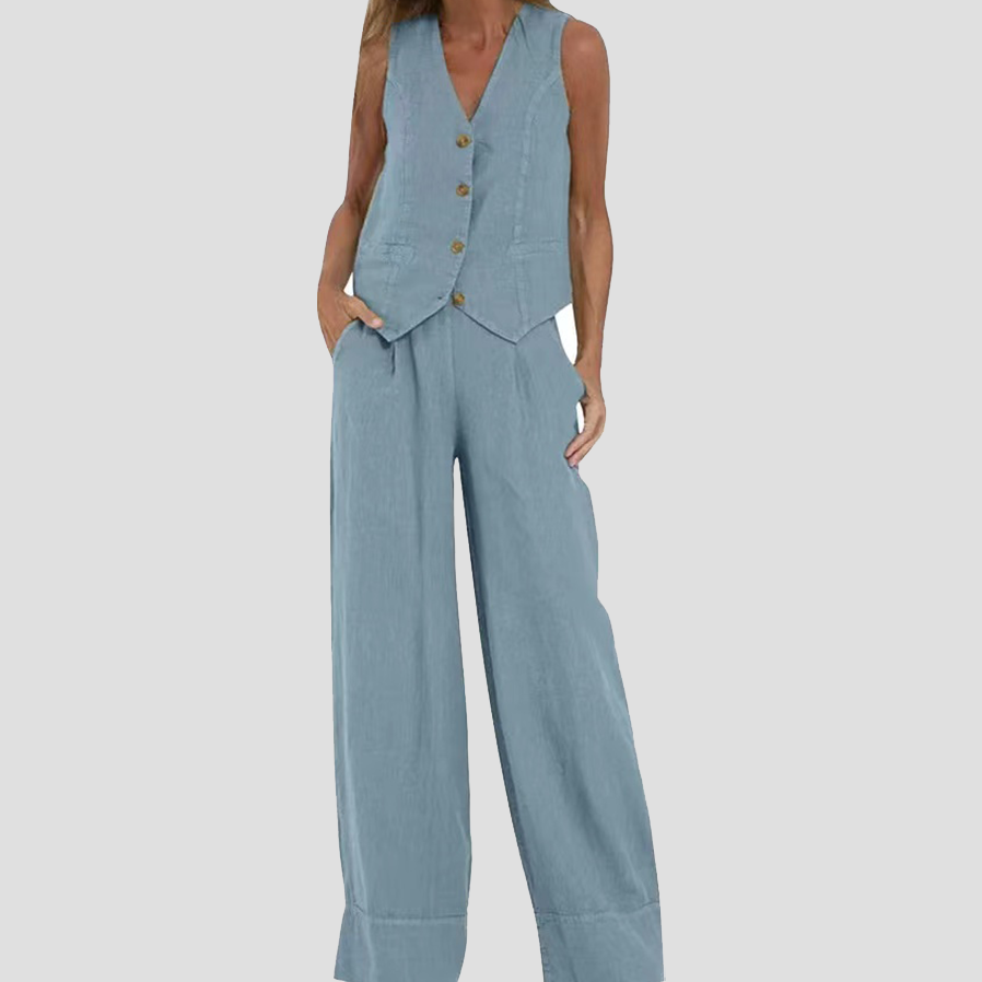 Olivève | Ensemble Lin Sans Manches Femme Gilet Col V et Pantalon Ample, Disponible en 9 Coloris