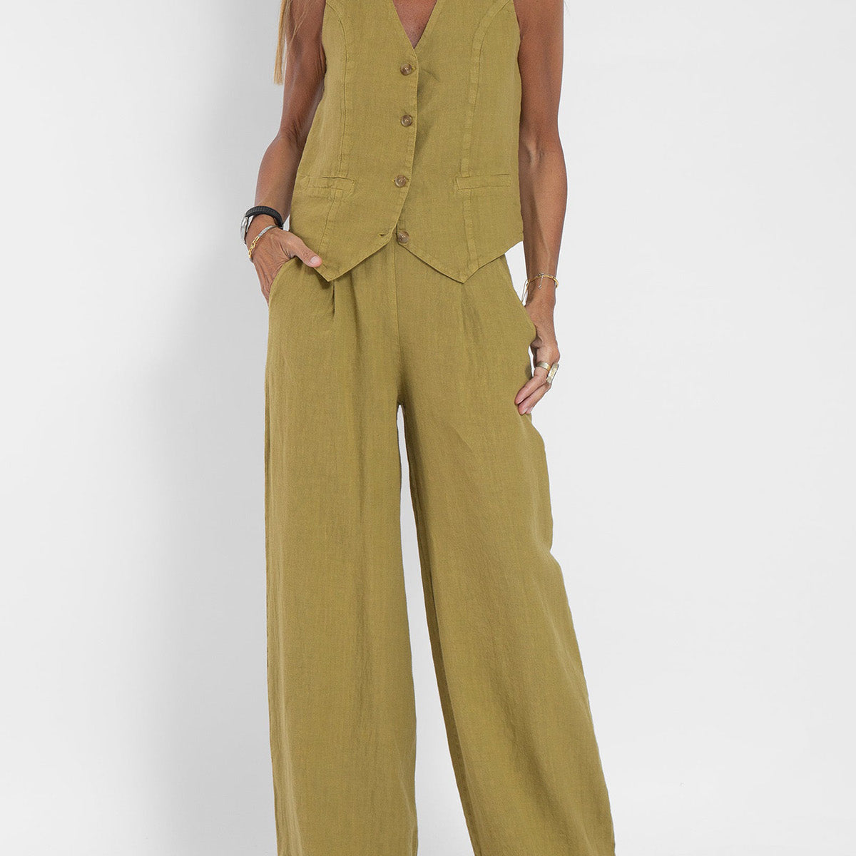 Olivève | Ensemble Lin Sans Manches Femme Gilet Col V et Pantalon Ample, Disponible en 9 Coloris