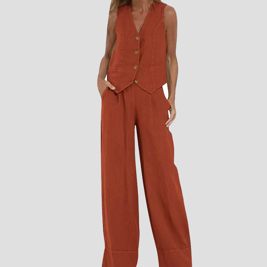 Olivève | Ensemble Lin Sans Manches Femme Gilet Col V et Pantalon Ample, Disponible en 9 Coloris